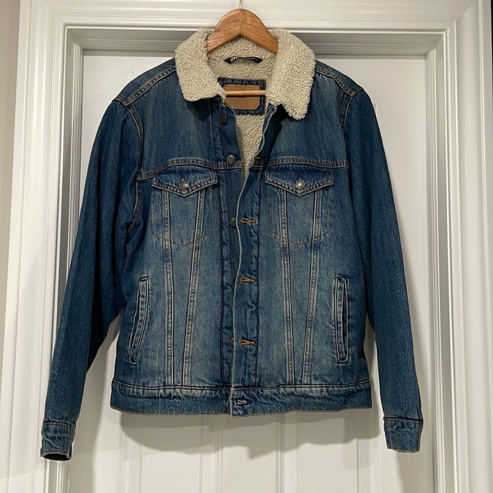 Men Zara Denim Jacket Lined Faux Sherpa Fleece Coat - Large